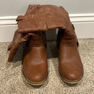 Brown Calf Tall Cowgirl Boots with Side Buckles and Small Heels - Size 8.5